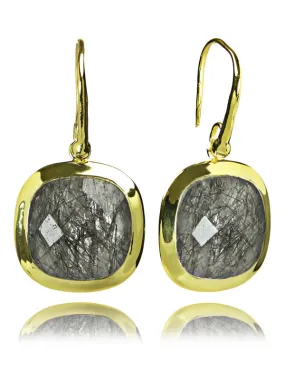 18K Vermeil Framed Rounded Square Classic Earrings Black Rutile Quartz