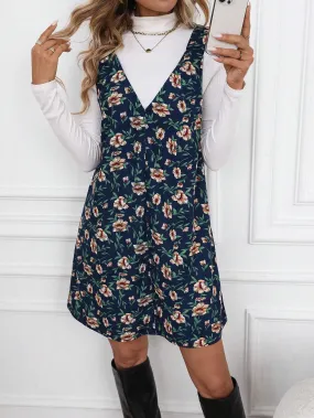 2024 Autumn Winter New Arrival Women Small Floral Print Woven Pinafore Dress, Navy Blue