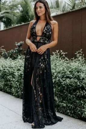 A Line Deep V Neck Black Lace Sleeveless High Slit Formal Dress Long Prom Dresses uk JS430