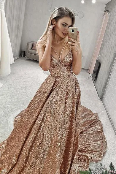 A Line Gold V Neck Sequin Long Prom Dress Long Cheap Evening Dresses JS849