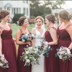 A-line Straps Burgundy Tulle Bridesmaid Dresses,Cheap Bridesmaid Dresses,WGY0386