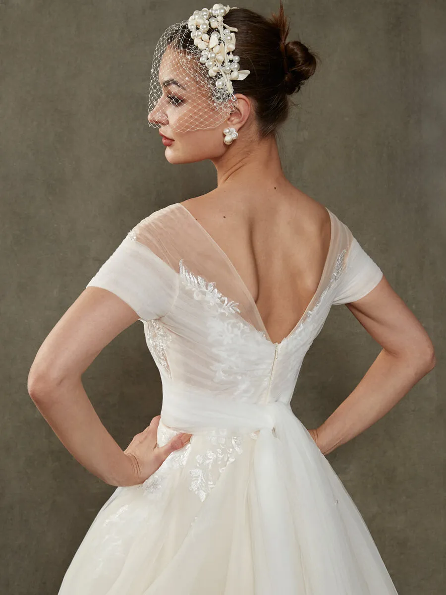 A-Line Tulle Lace Floor Length Sweetheart Wedding Dress With Sleeves