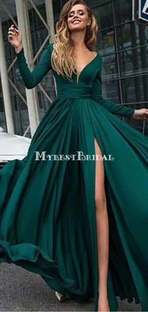 A-line V-neck Long Sleeves Dark Green Satin Prom Dress ,Cheap Prom Dresses,PDY0405