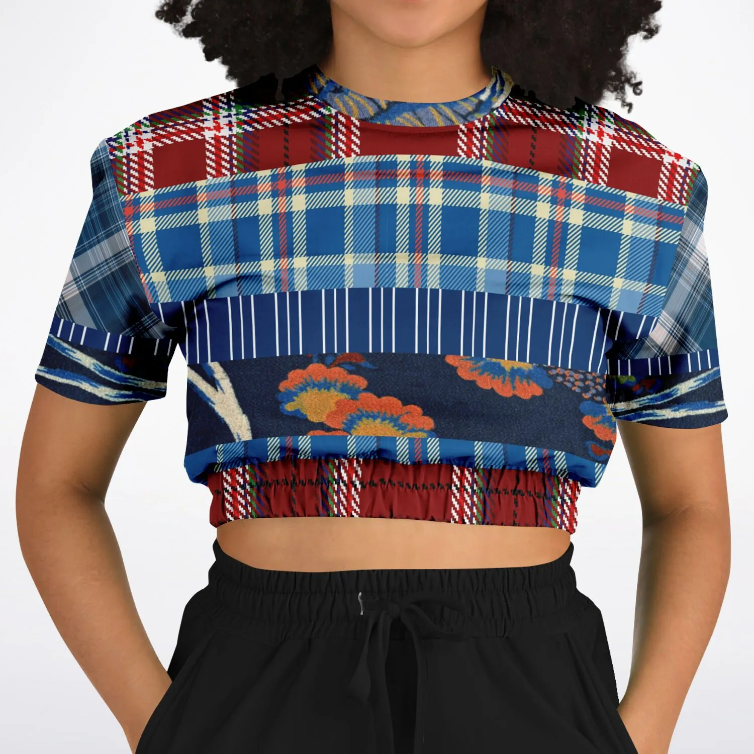 Andromeda Blue Plaid Short Sleeve Cropped Eco-Poly Sweater