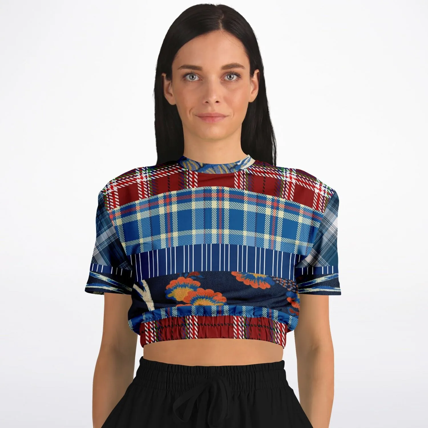 Andromeda Blue Plaid Short Sleeve Cropped Eco-Poly Sweater