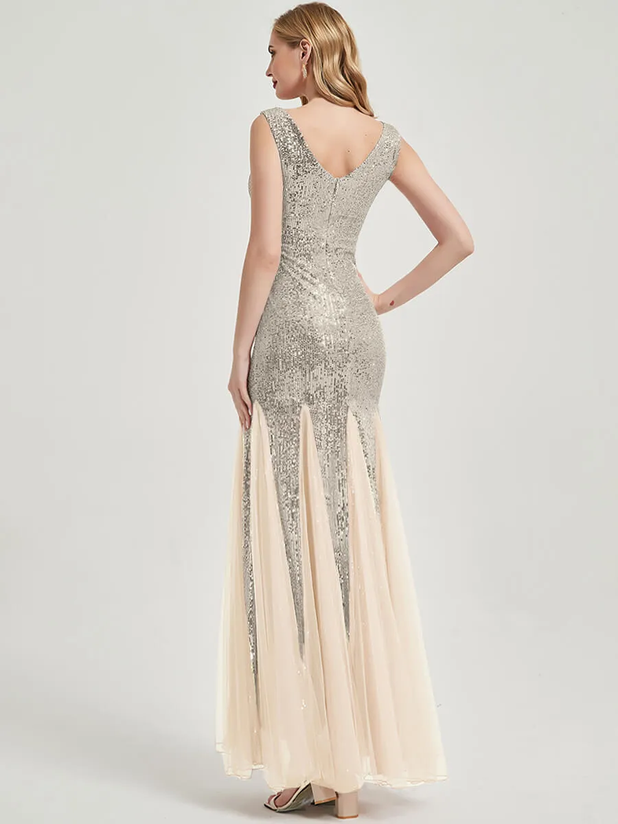 Apricot Grey Sequin Tulle V-Neck Sleeveless Maxi Mermaid Evening Dress