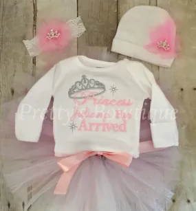 Baby Girl Coming Home Outfit -- The Princess Has Arrived Embroidery Design Bodysuit, tutu, headband & Hat Set