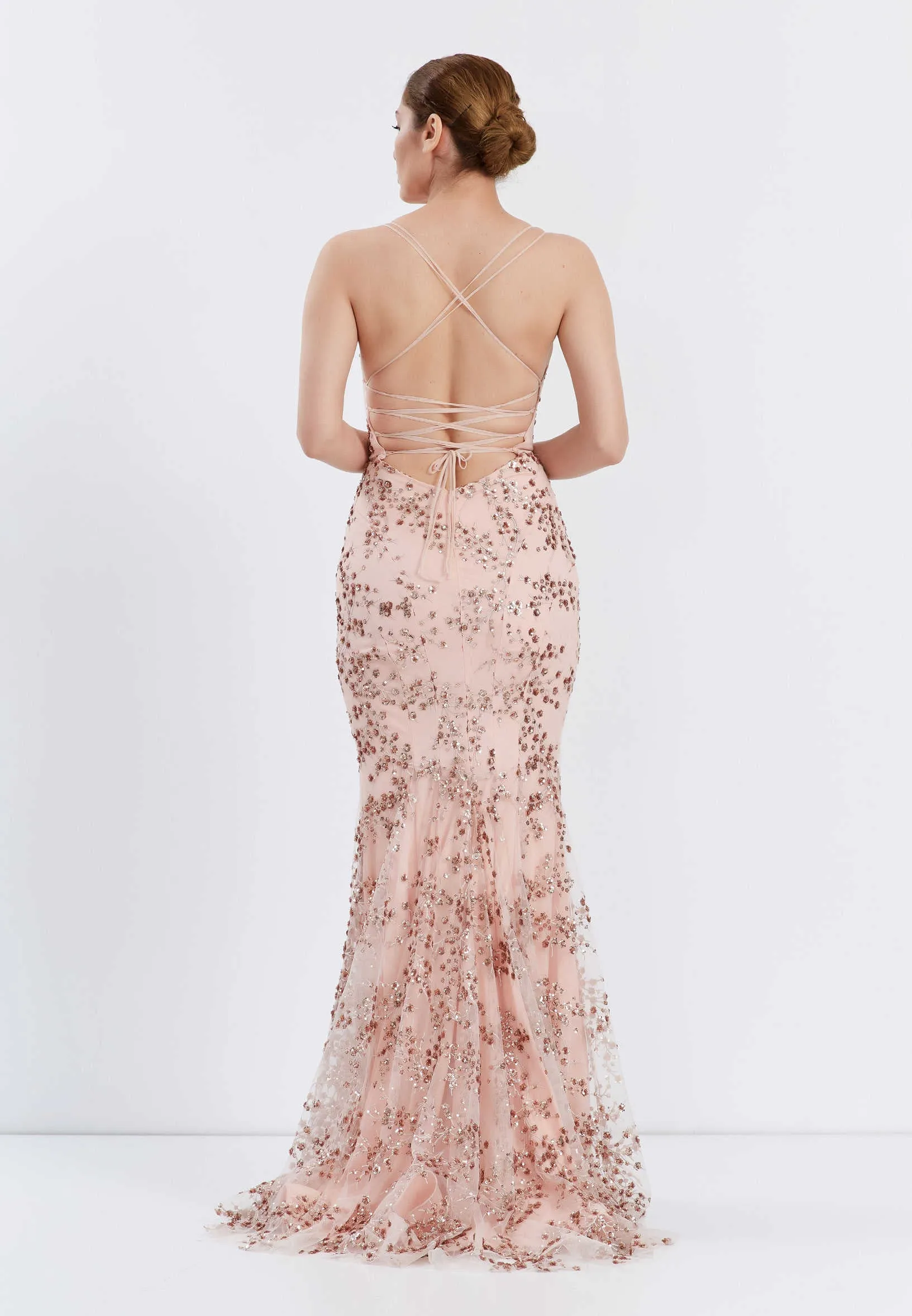 Backless Maxi Tulle Floral Sequins Mermaid Wedding Guest Dress - Rose Gold