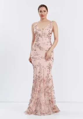 Backless Maxi Tulle Floral Sequins Mermaid Wedding Guest Dress - Rose Gold