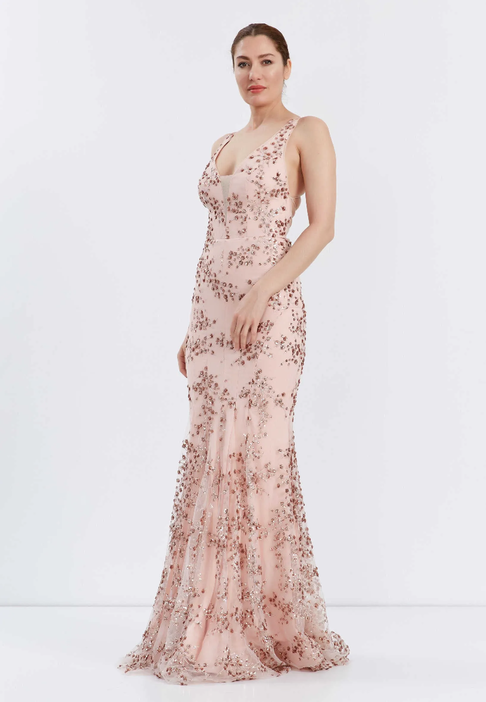 Backless Maxi Tulle Floral Sequins Mermaid Wedding Guest Dress - Rose Gold