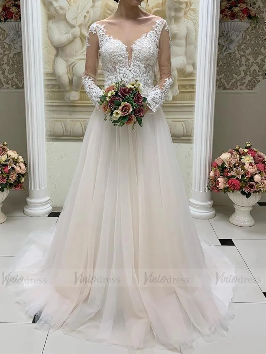 Beaded Lace Champagne Wedding Dresses with Long Sleeves VW1357