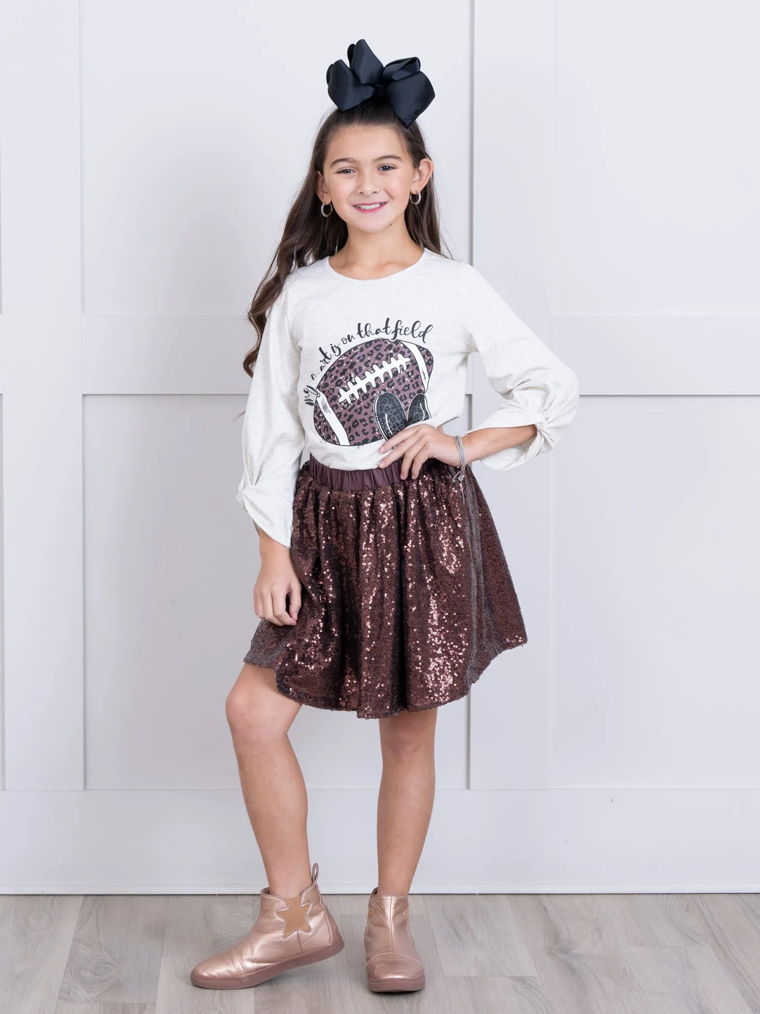 Beige & Brown Touchdown Glam Sequin Skirt Outfit