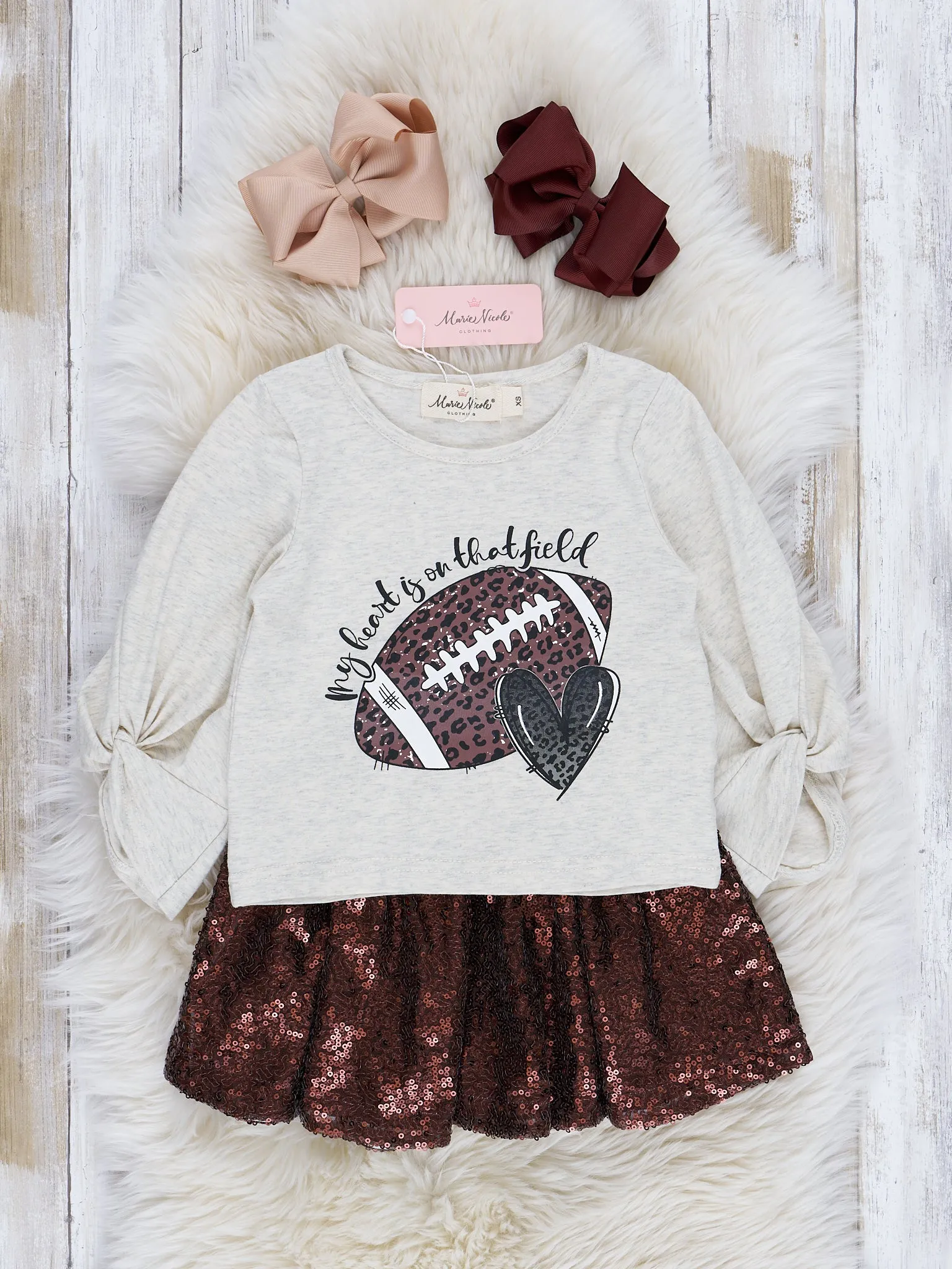 Beige & Brown Touchdown Glam Sequin Skirt Outfit