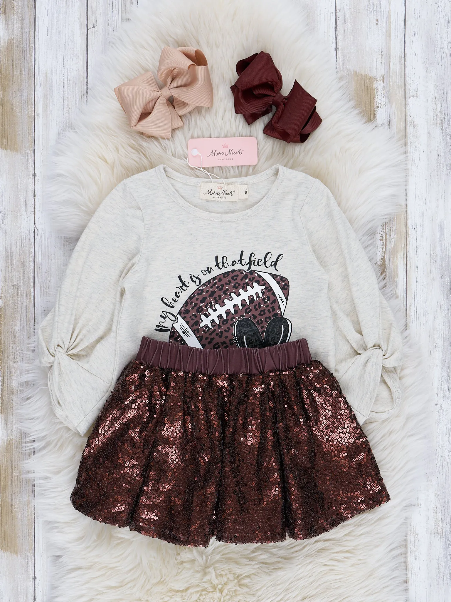 Beige & Brown Touchdown Glam Sequin Skirt Outfit