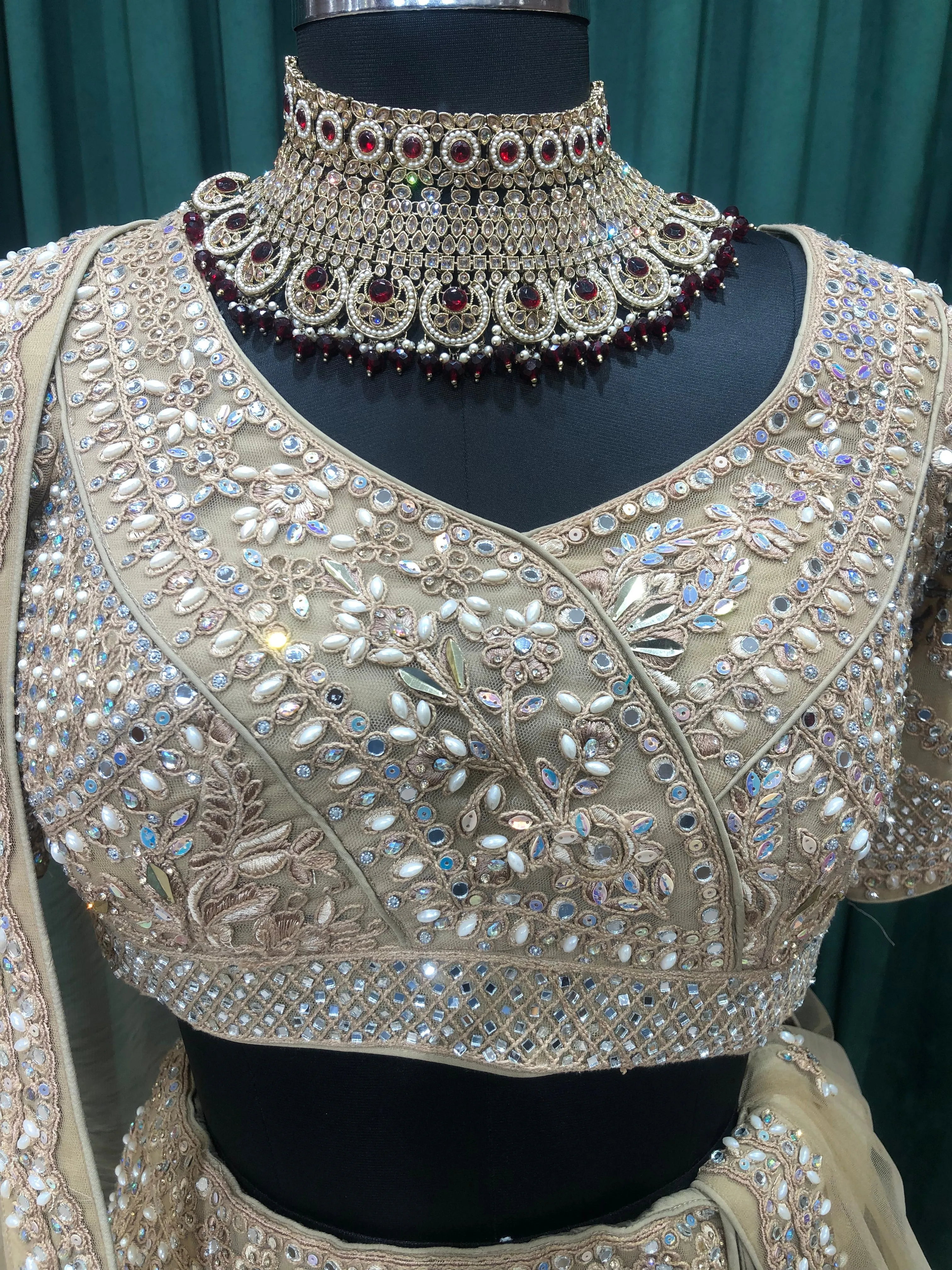 Beige Net Lehenga With Dori and Moti