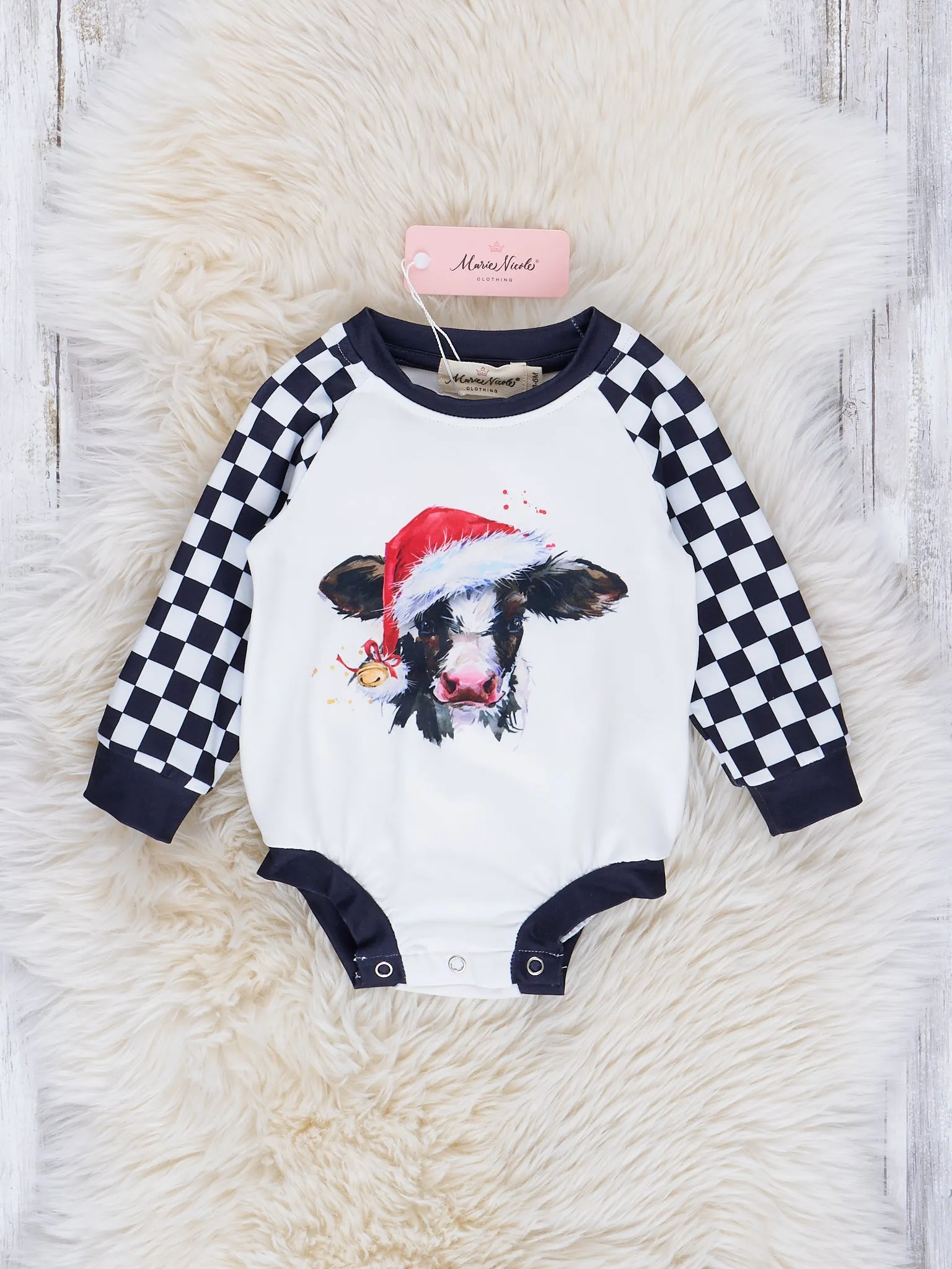 Black & White Checker Holiday Cow Romper