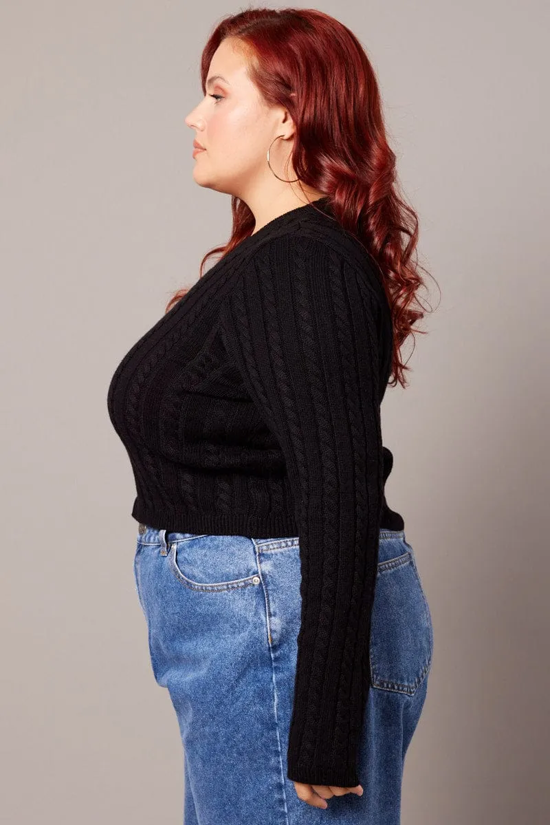 Black Cable Knit Top Long Sleeve Crew Neck