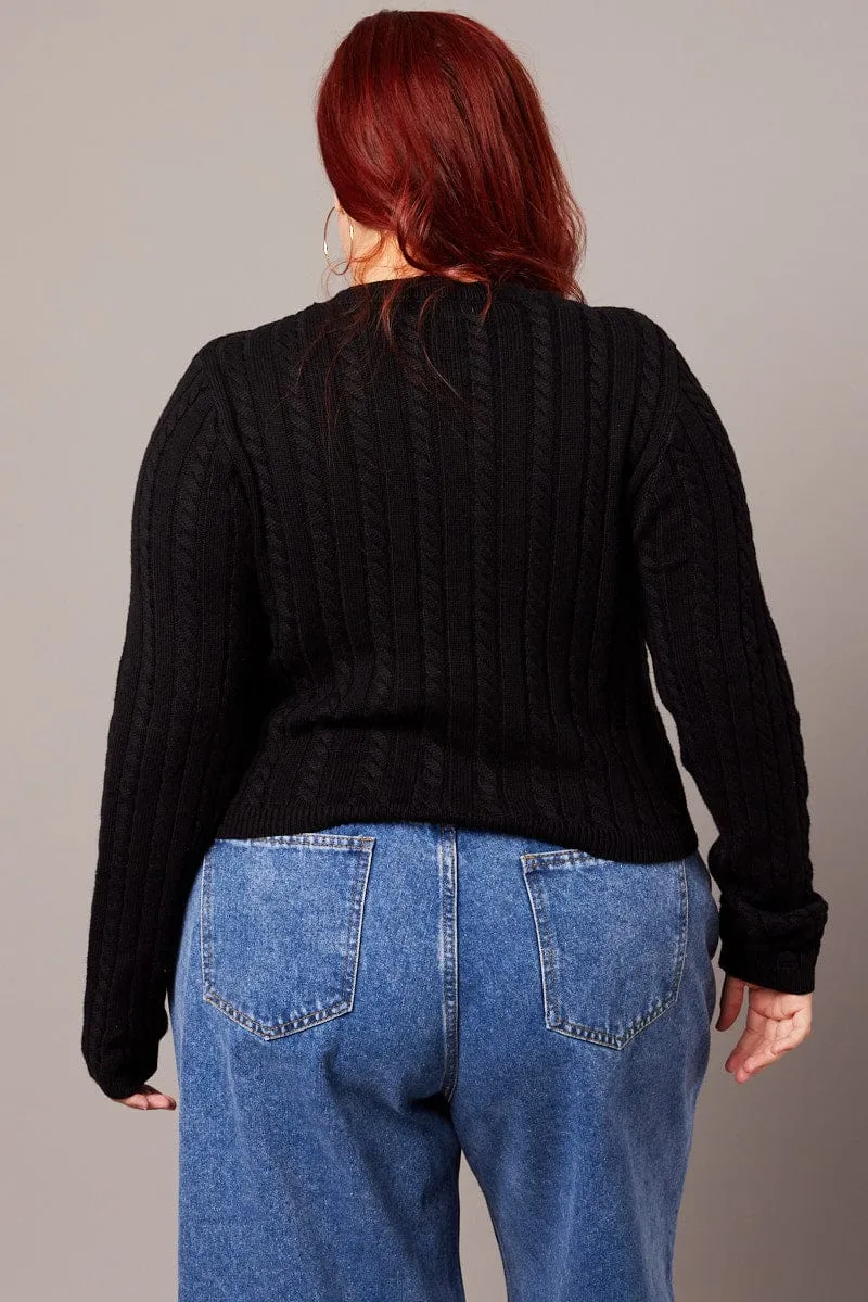 Black Cable Knit Top Long Sleeve Crew Neck