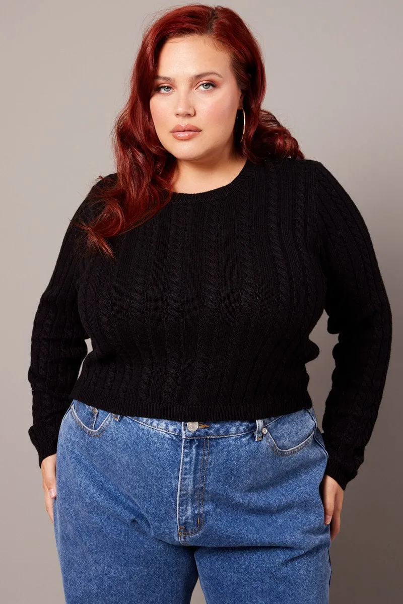 Black Cable Knit Top Long Sleeve Crew Neck