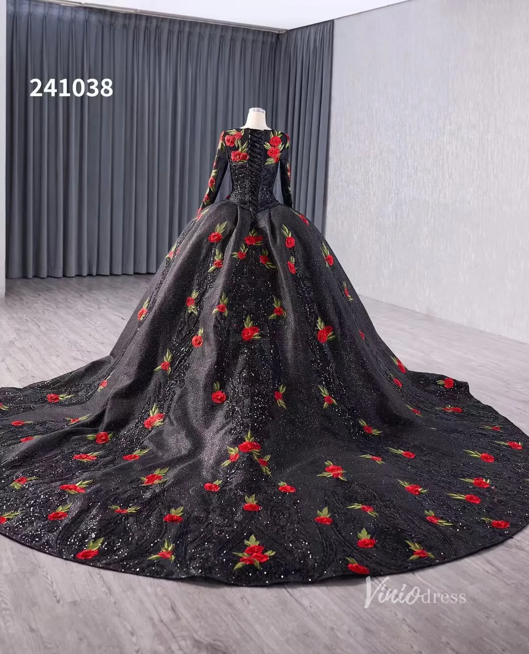 Black Floral Lace Rosette Wedding Dresses Sparkly Long Sleeve Quinceanera Dress 241038