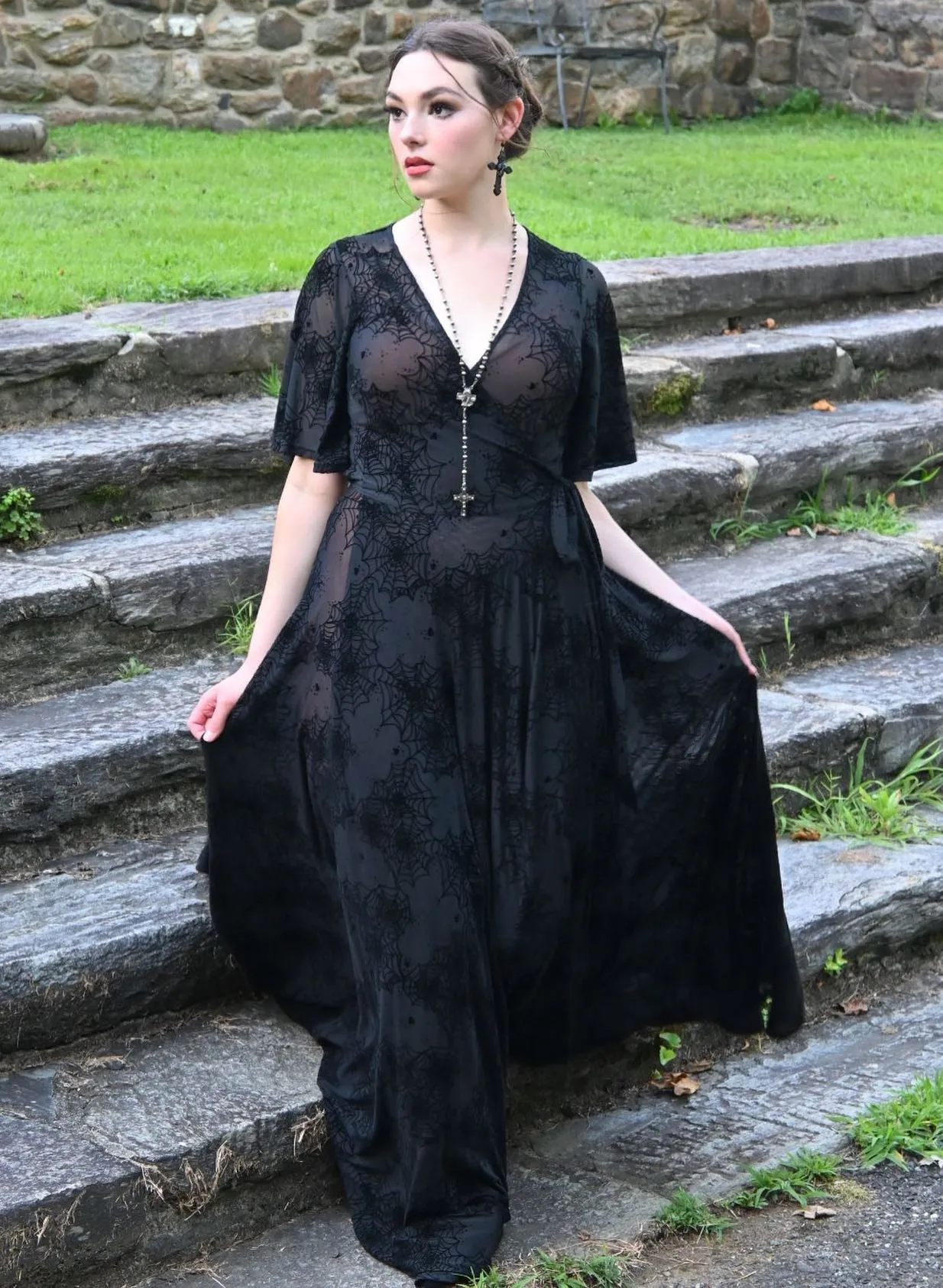 Black Lydia wrap dress in Flocked Spiderwebs