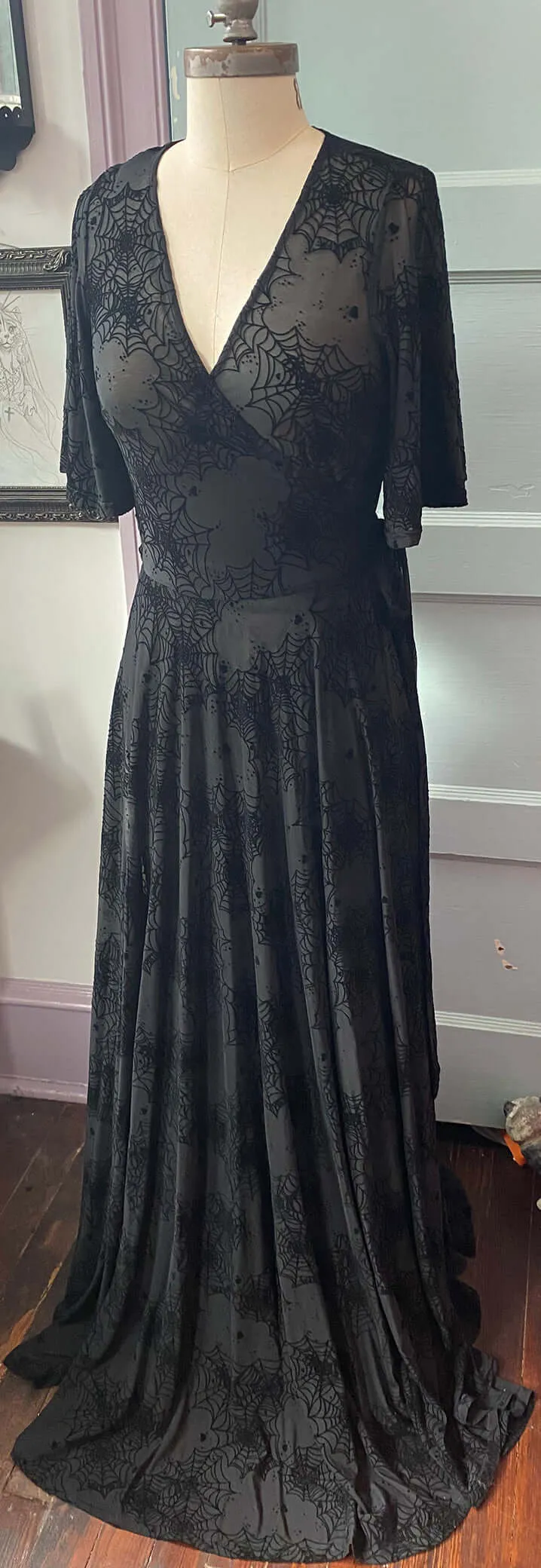 Black Lydia wrap dress in Flocked Spiderwebs