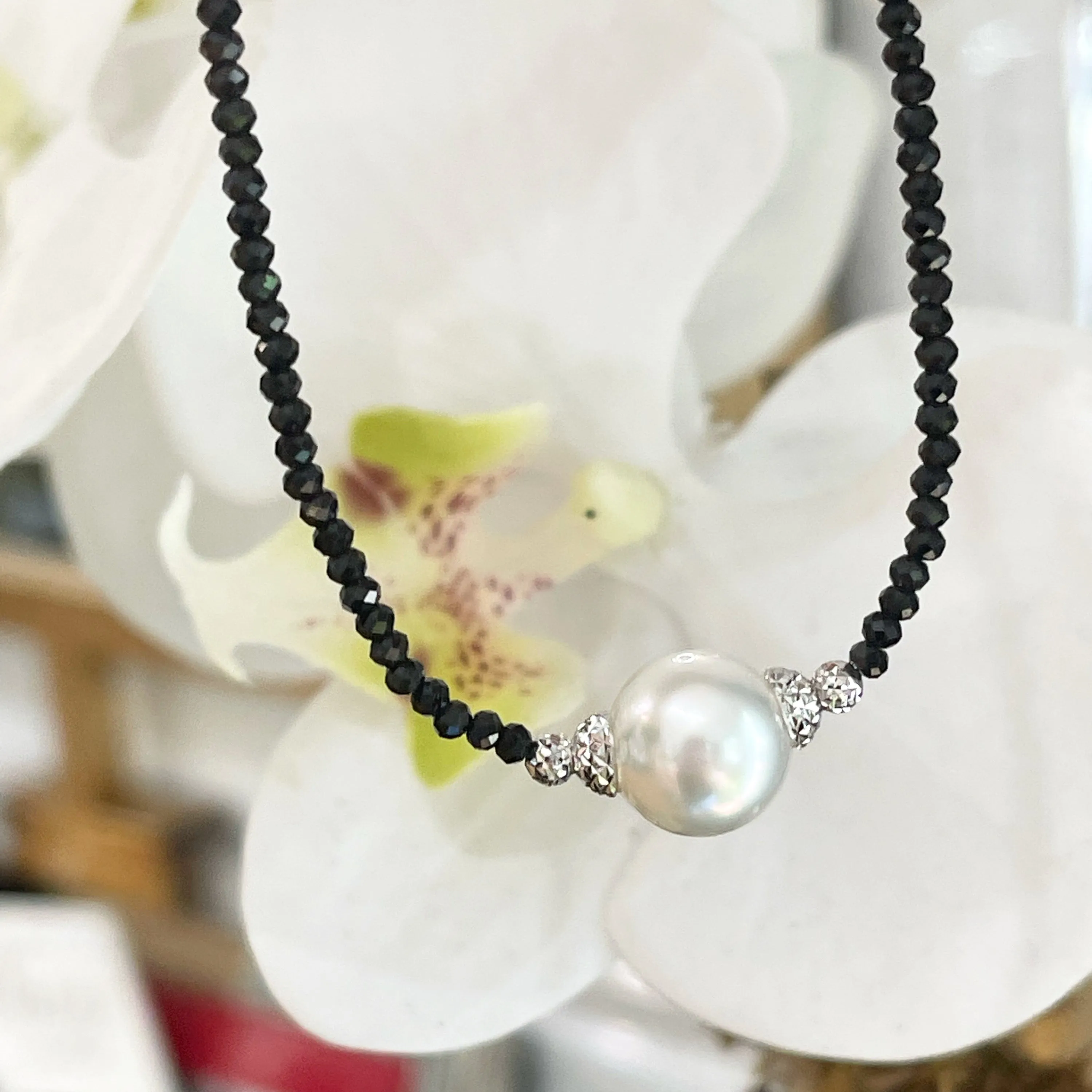 Black Necklace with White Pearl