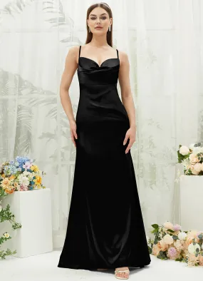 Black Satin Cowl Neck Adjustable Straps Backless Long Bridesmaid Dress