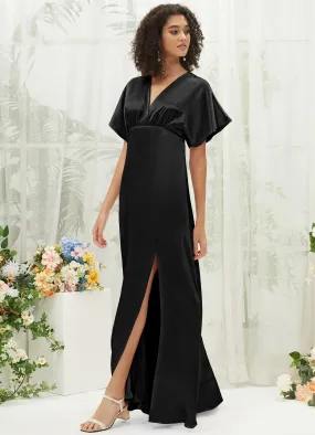 Black V-Neck Short Sleeve Satin Maxi Bridesmaid Dress With Slit