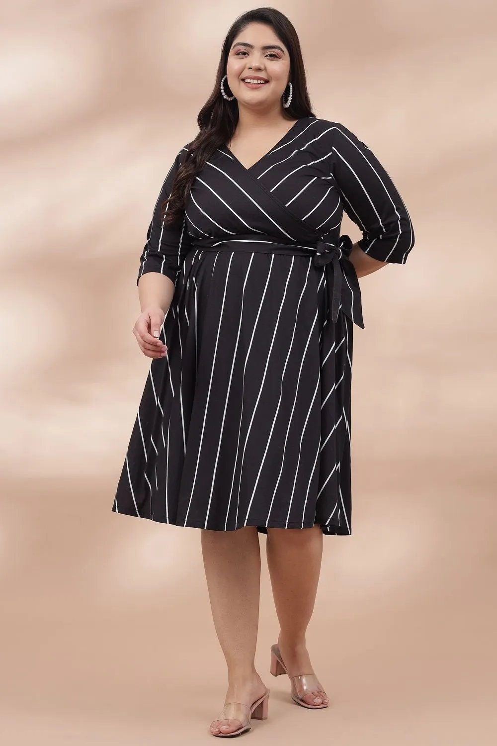 Black White Stripe True Wrap Midi Dress