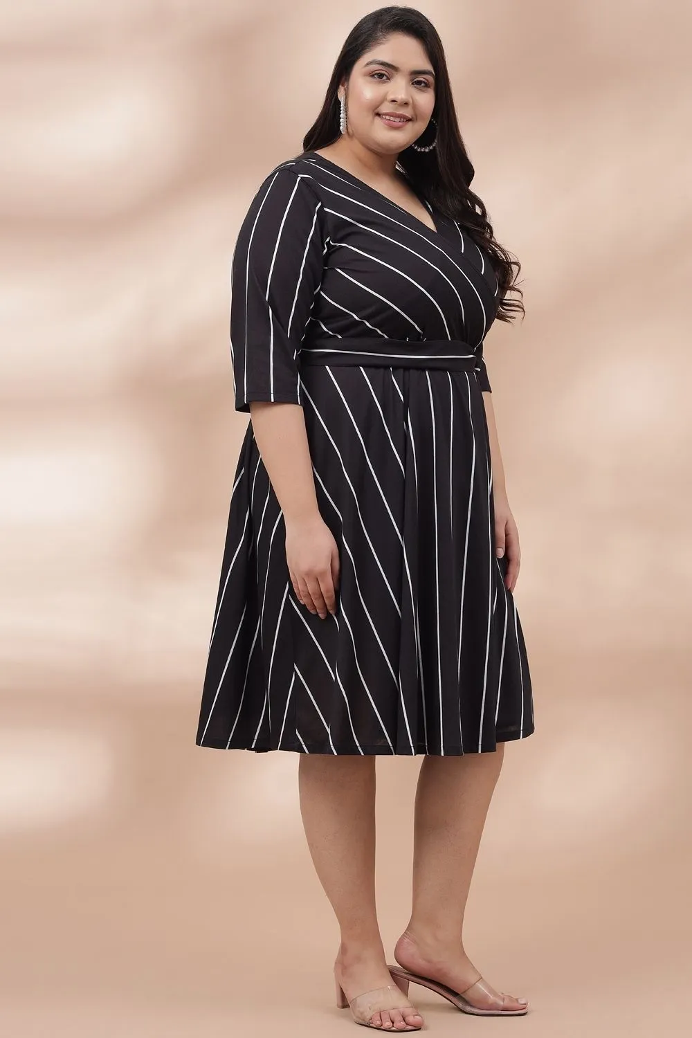 Black White Stripe True Wrap Midi Dress