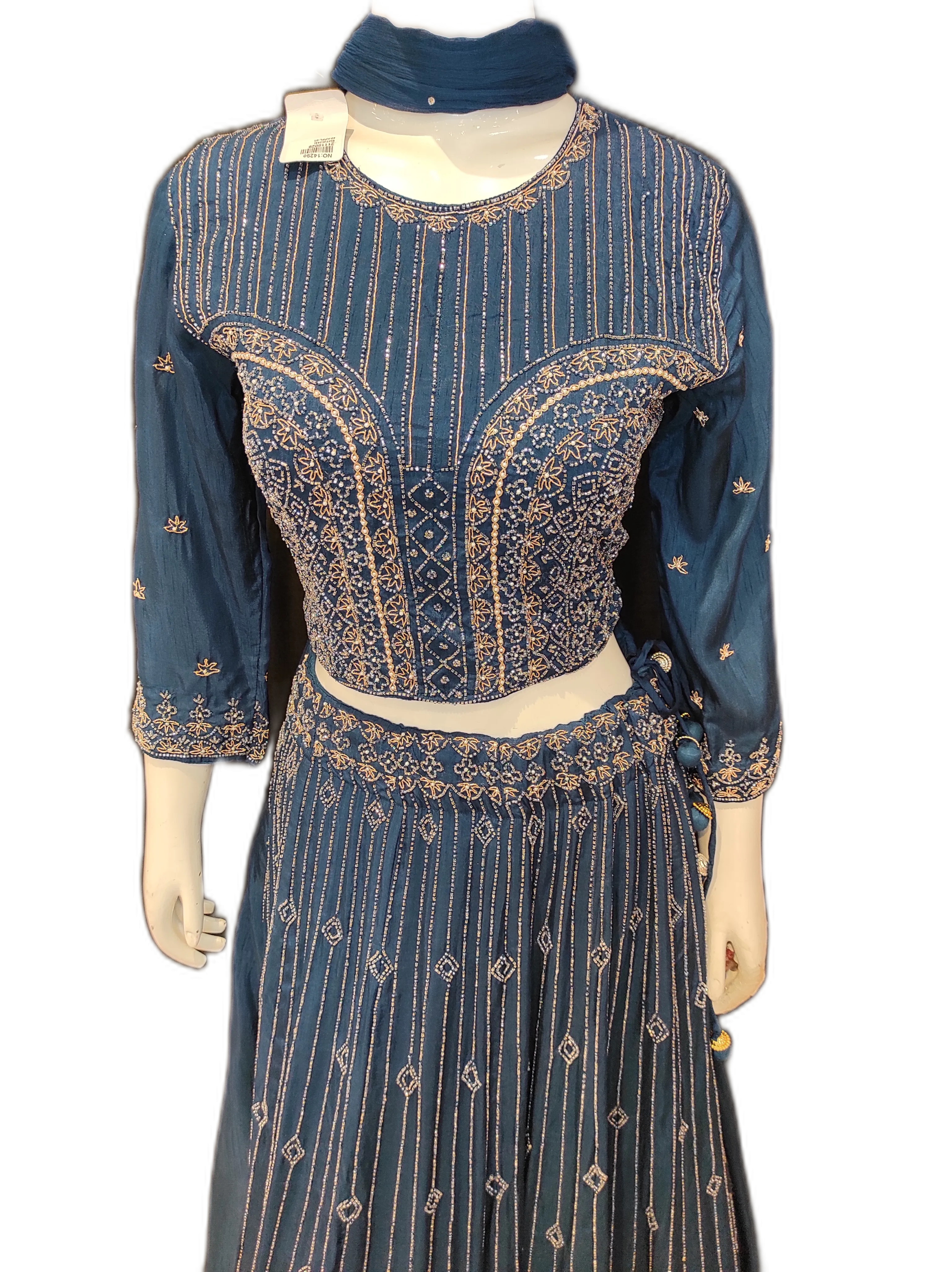 Blue Raw Silk Crop Top With Skirt And Dupatta