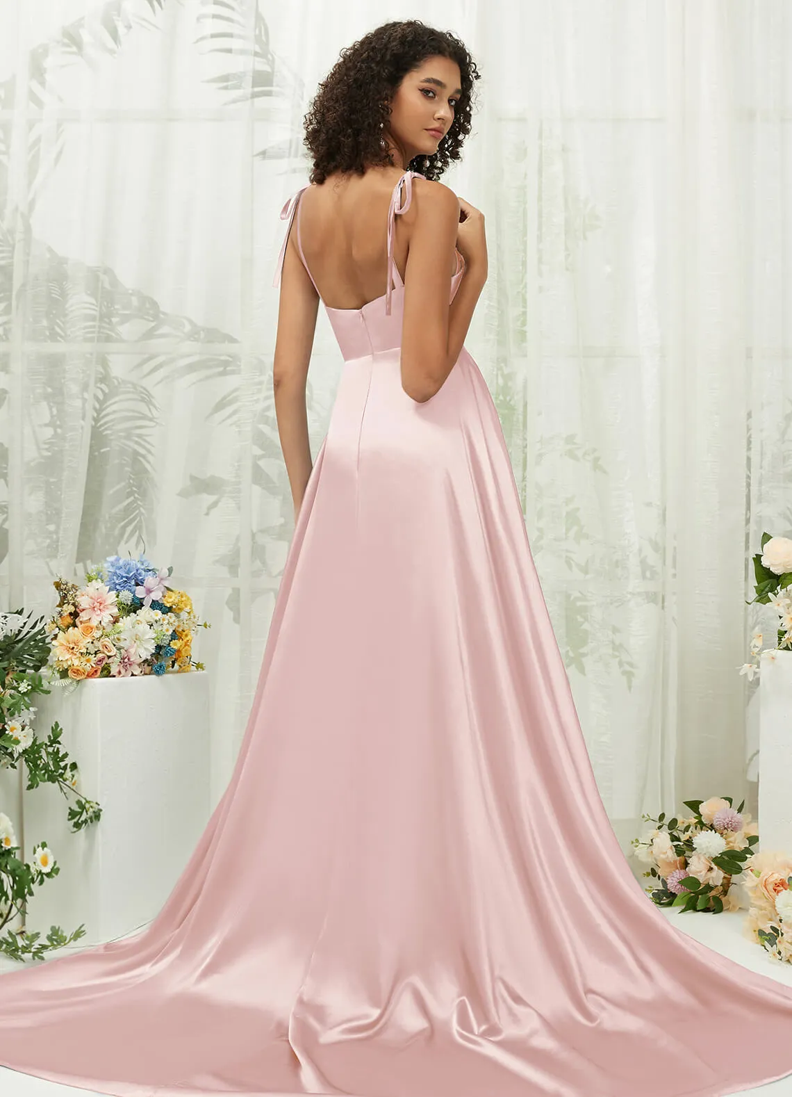 Blush Satin Sweetheart Adjustable Straps Formal Gown With Pocket