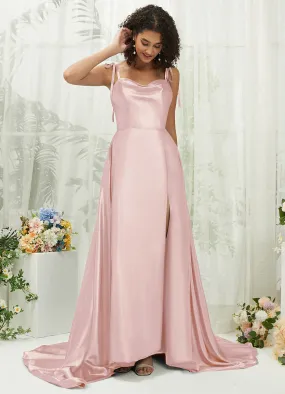 Blush Satin Sweetheart Adjustable Straps Formal Gown With Pocket