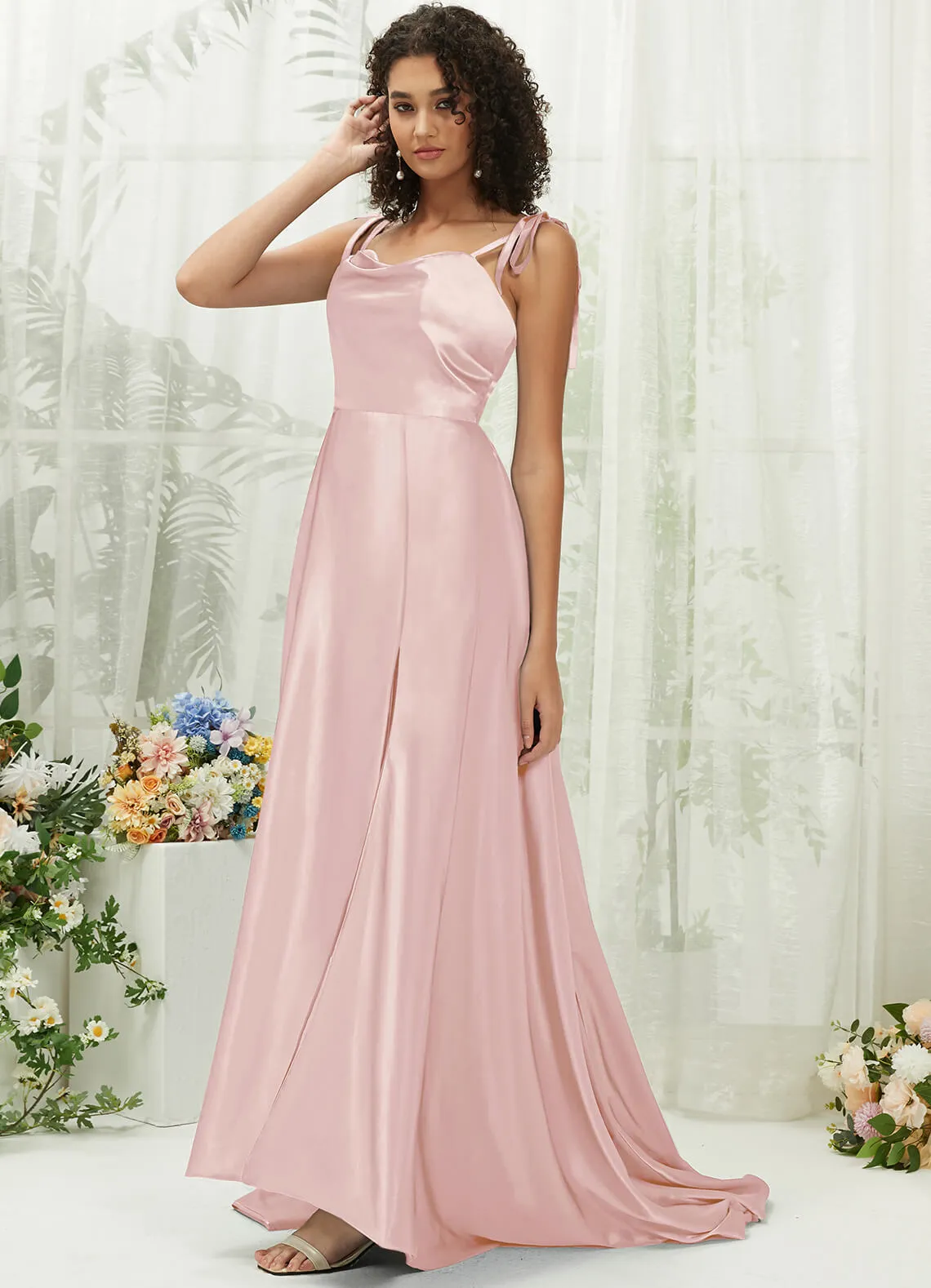 Blush Satin Sweetheart Adjustable Straps Formal Gown With Pocket