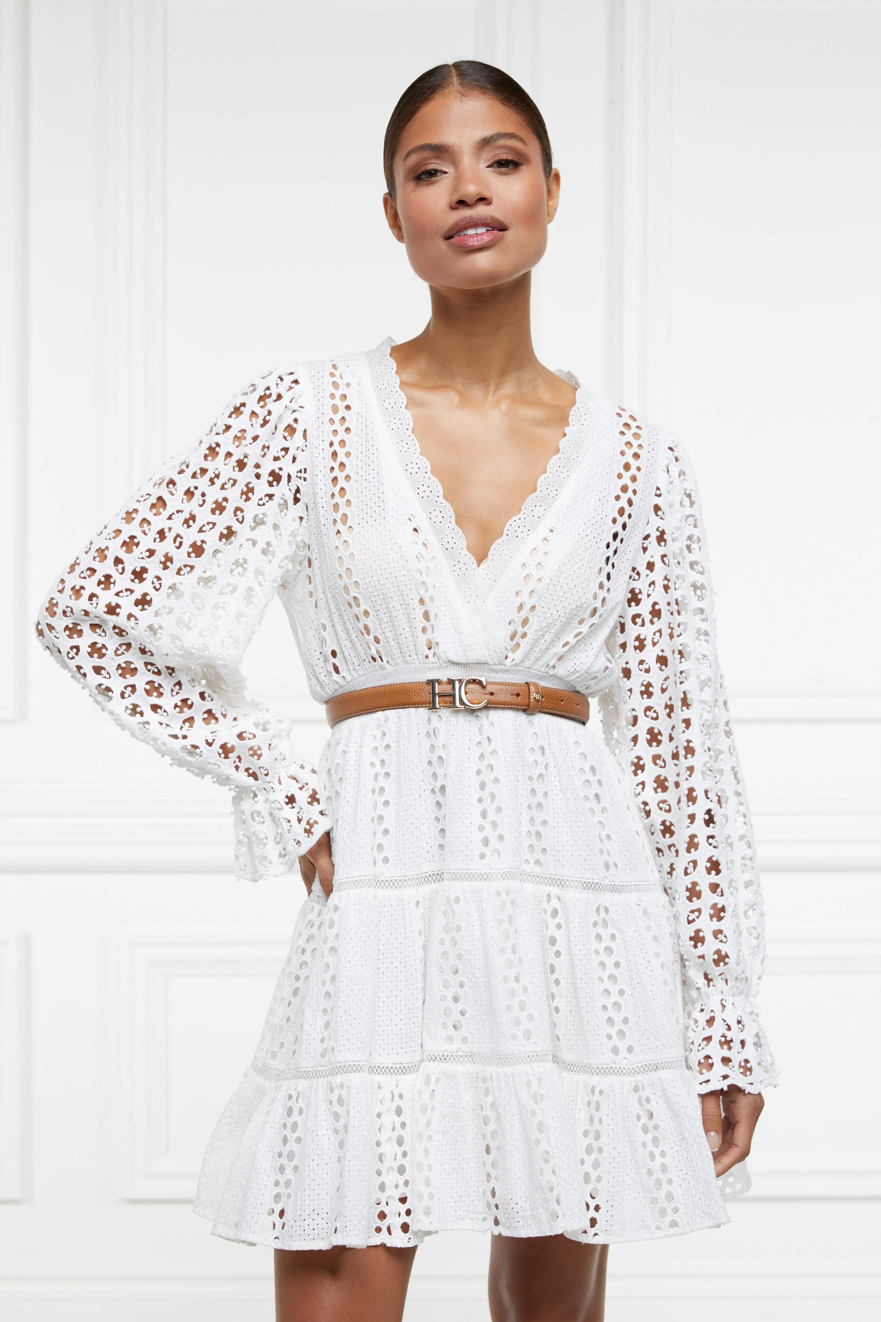 Broderie Lace V-Neck Dress (White)