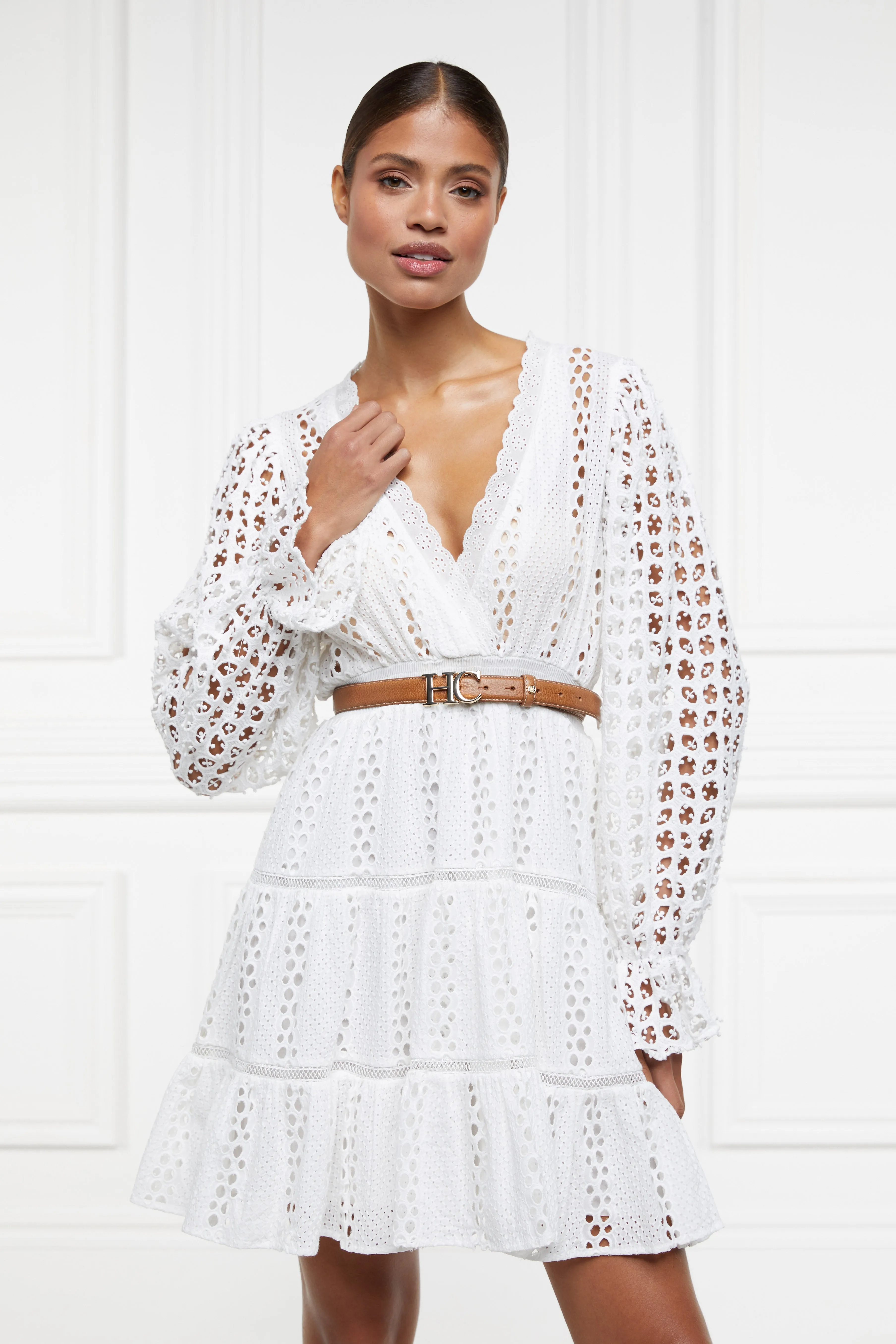 Broderie Lace V-Neck Dress (White)