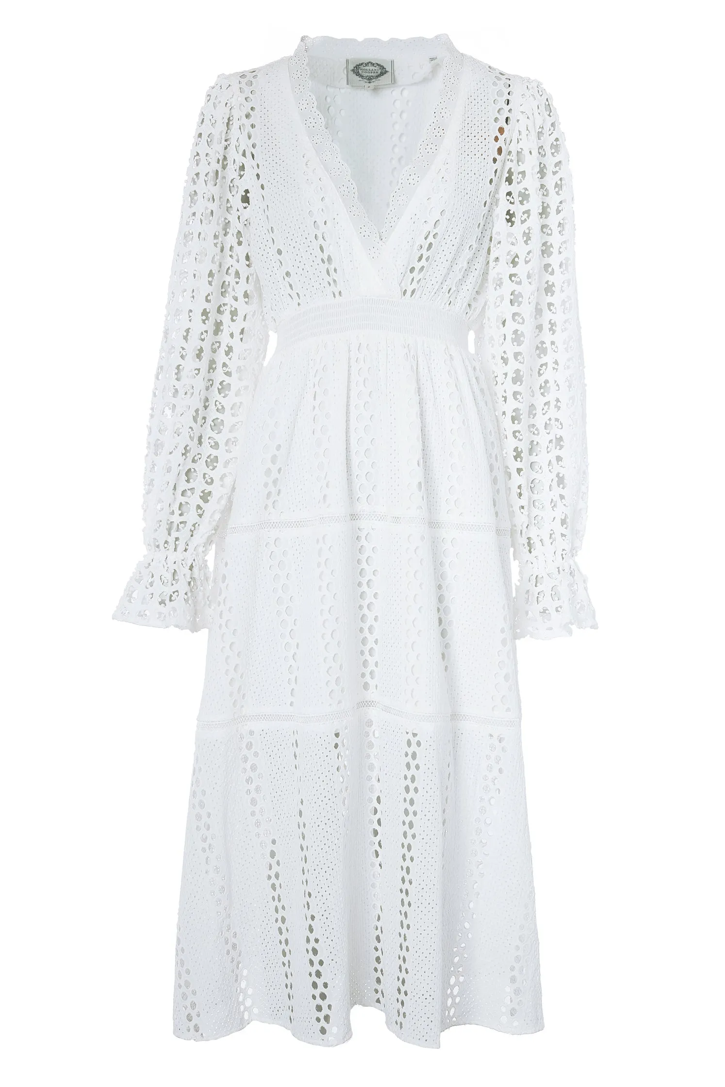 Broderie Lace V-Neck Midi Dress (White)