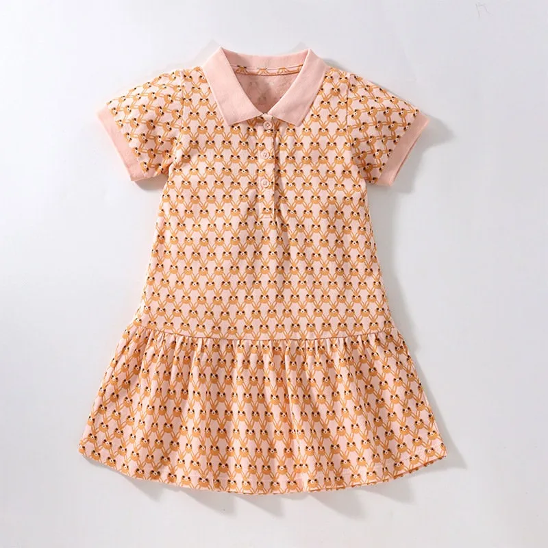 Bunnies Pattern  Pink Short Sleeve Girls Summer Dress