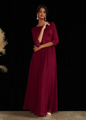 Burgundy 3/4 Sleeve Boat  Floor Length Lace Mother of the Bride Dress