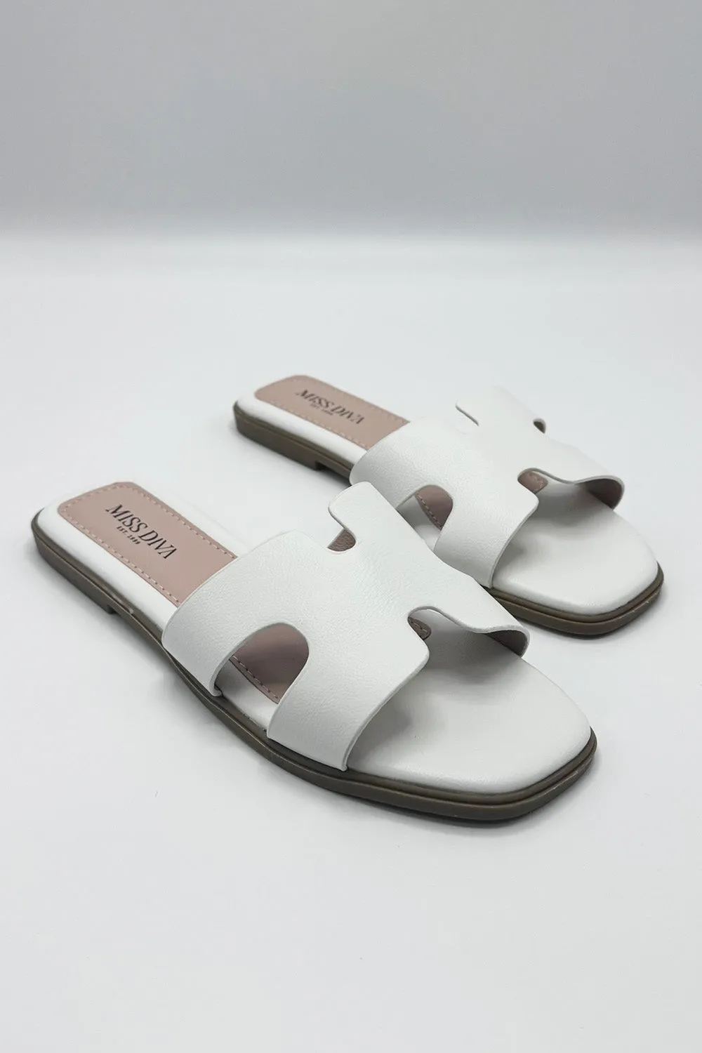 California Faux Leather Cut Out Open Toe Flat Slider In White