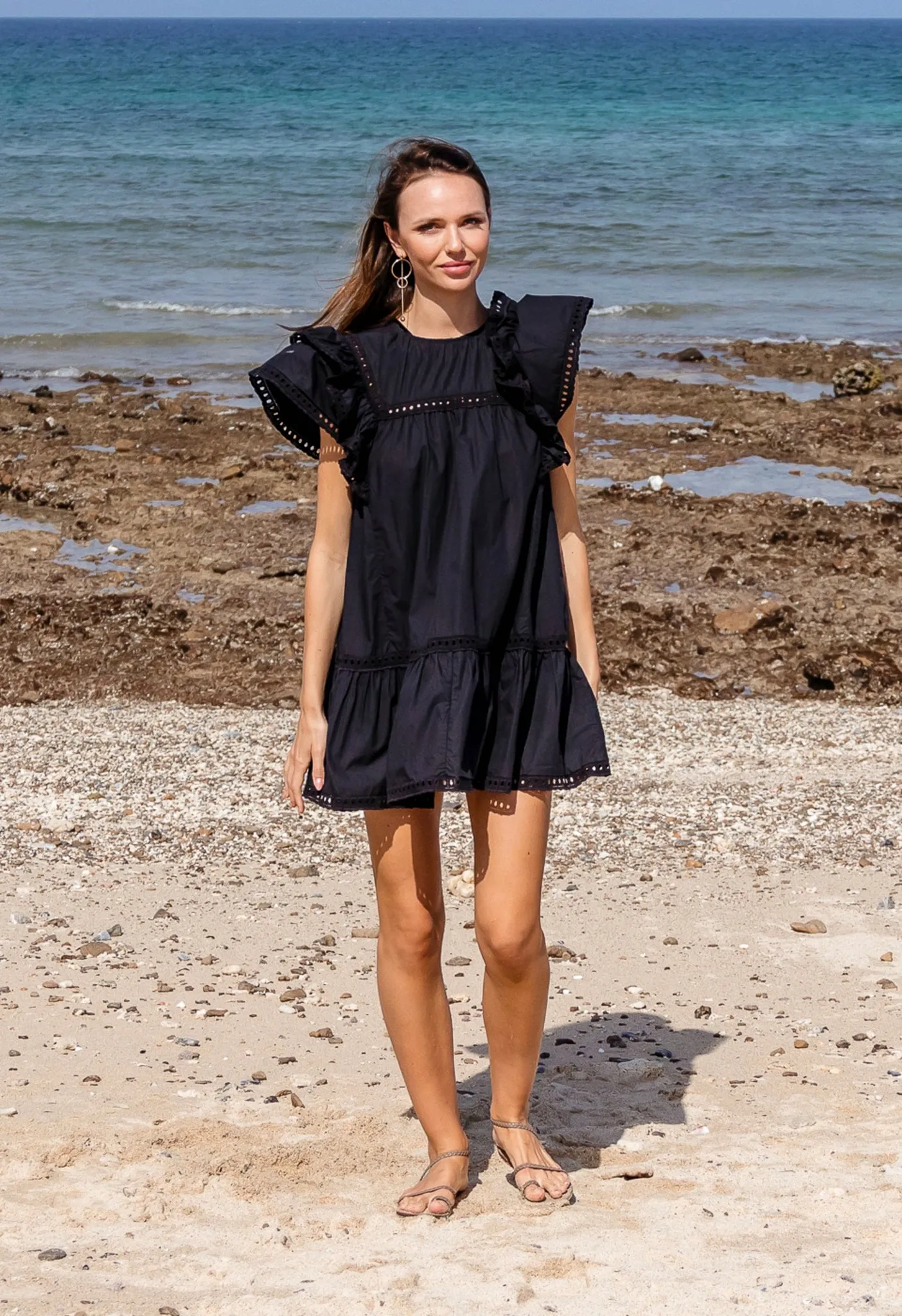 CALM DOWN - RUFFLE EYELET MINI DRESS