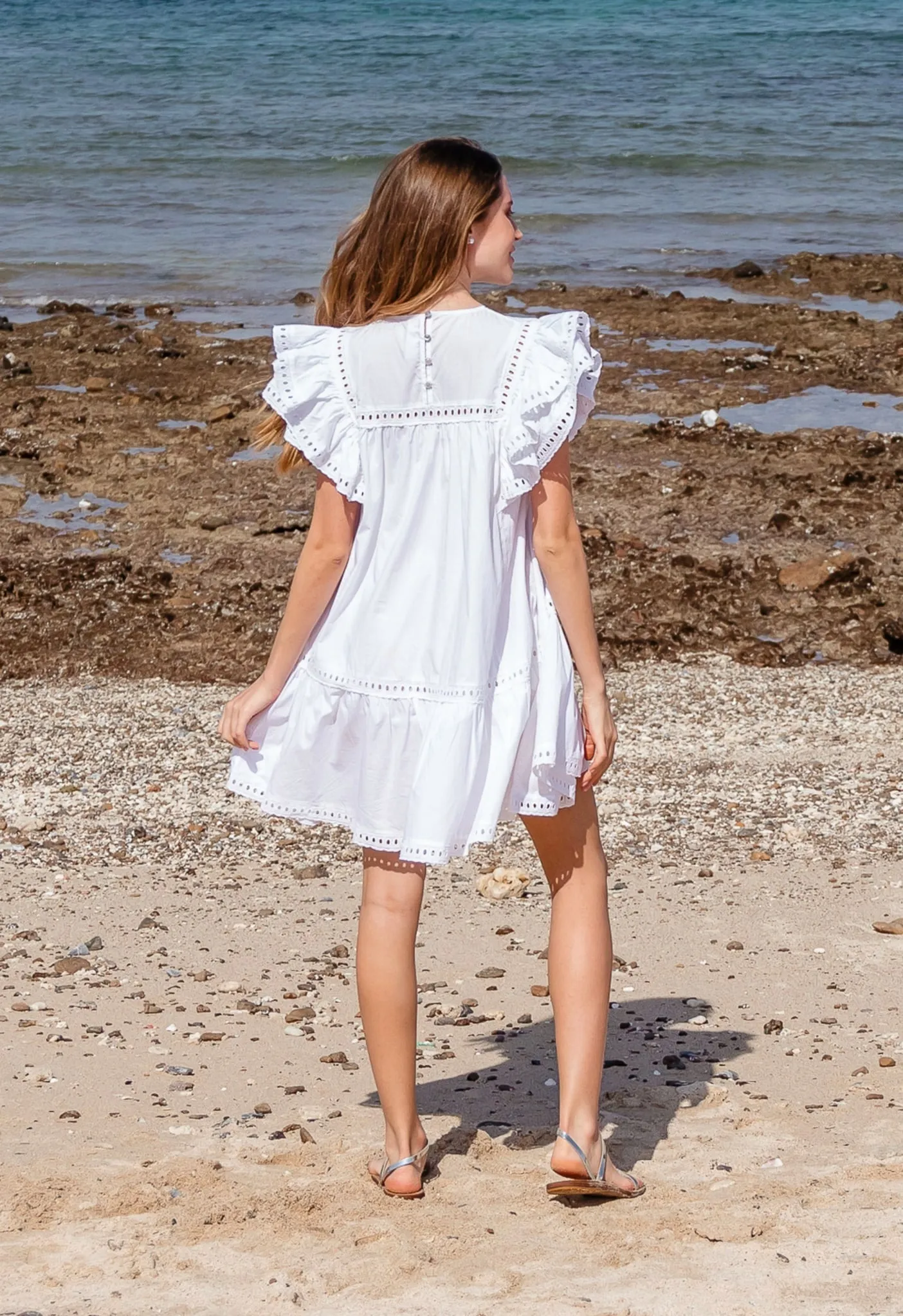 CALM DOWN - RUFFLE EYELET MINI DRESS