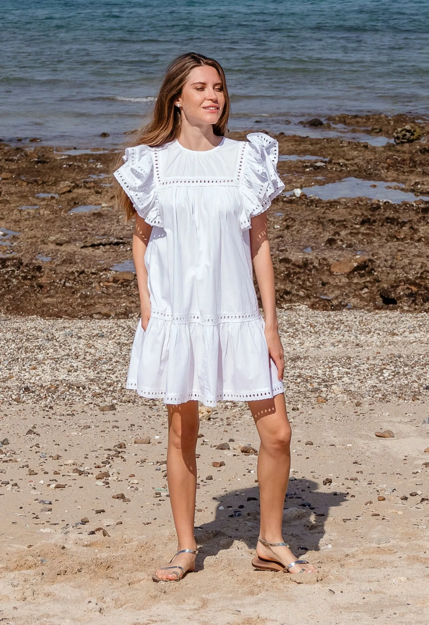 CALM DOWN - RUFFLE EYELET MINI DRESS