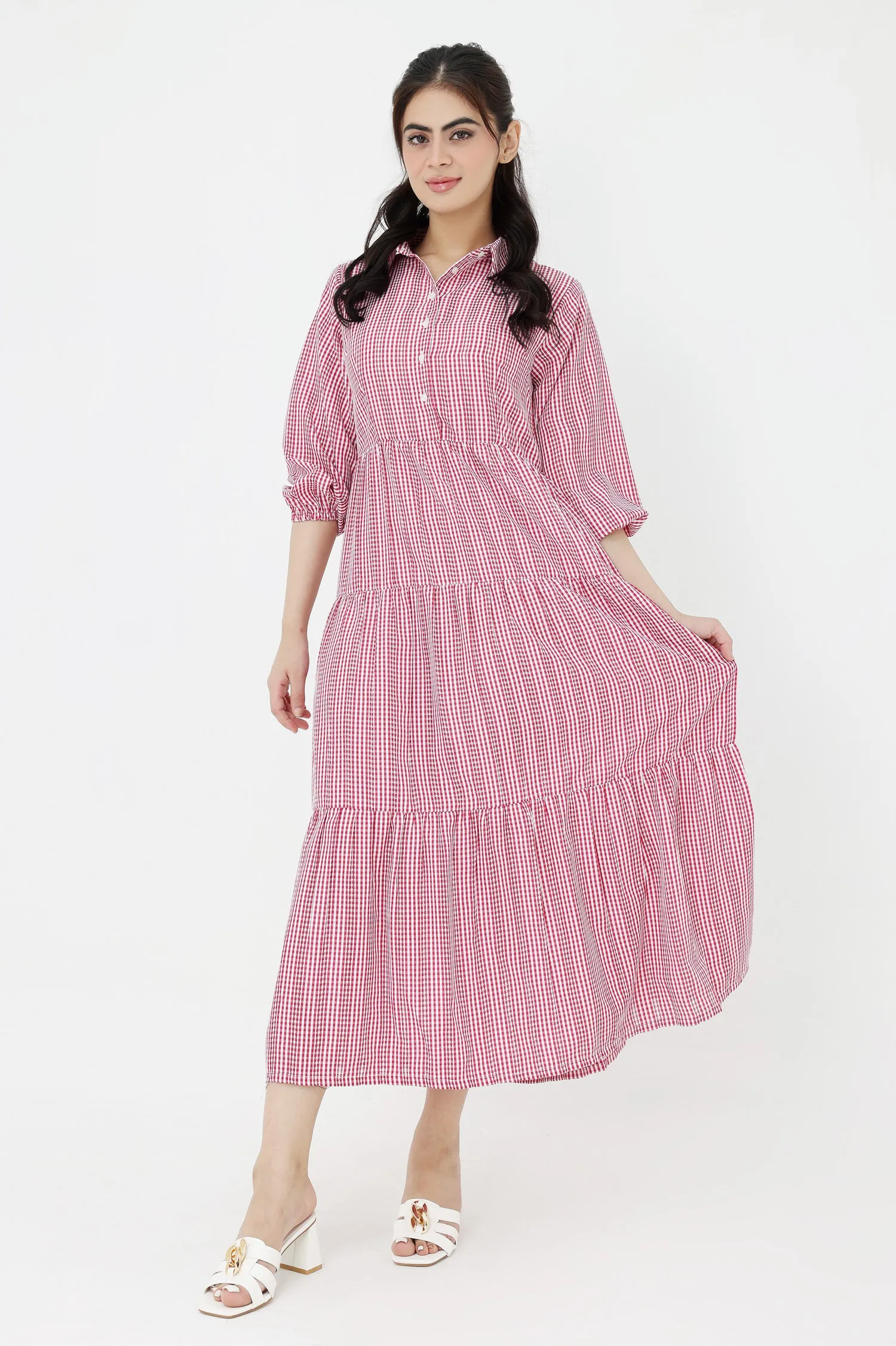 CHARM STRIPE MIDI DRESS-RED-WHITE