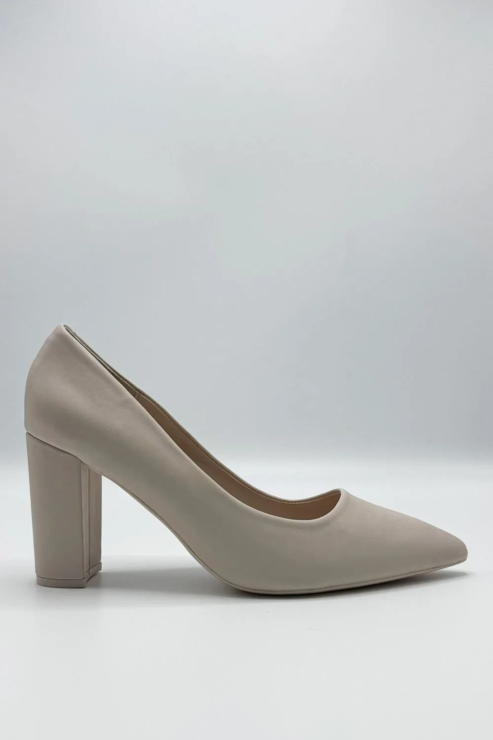 Clara Block Heel Pointed Toe Court Shoes in Nude Matt