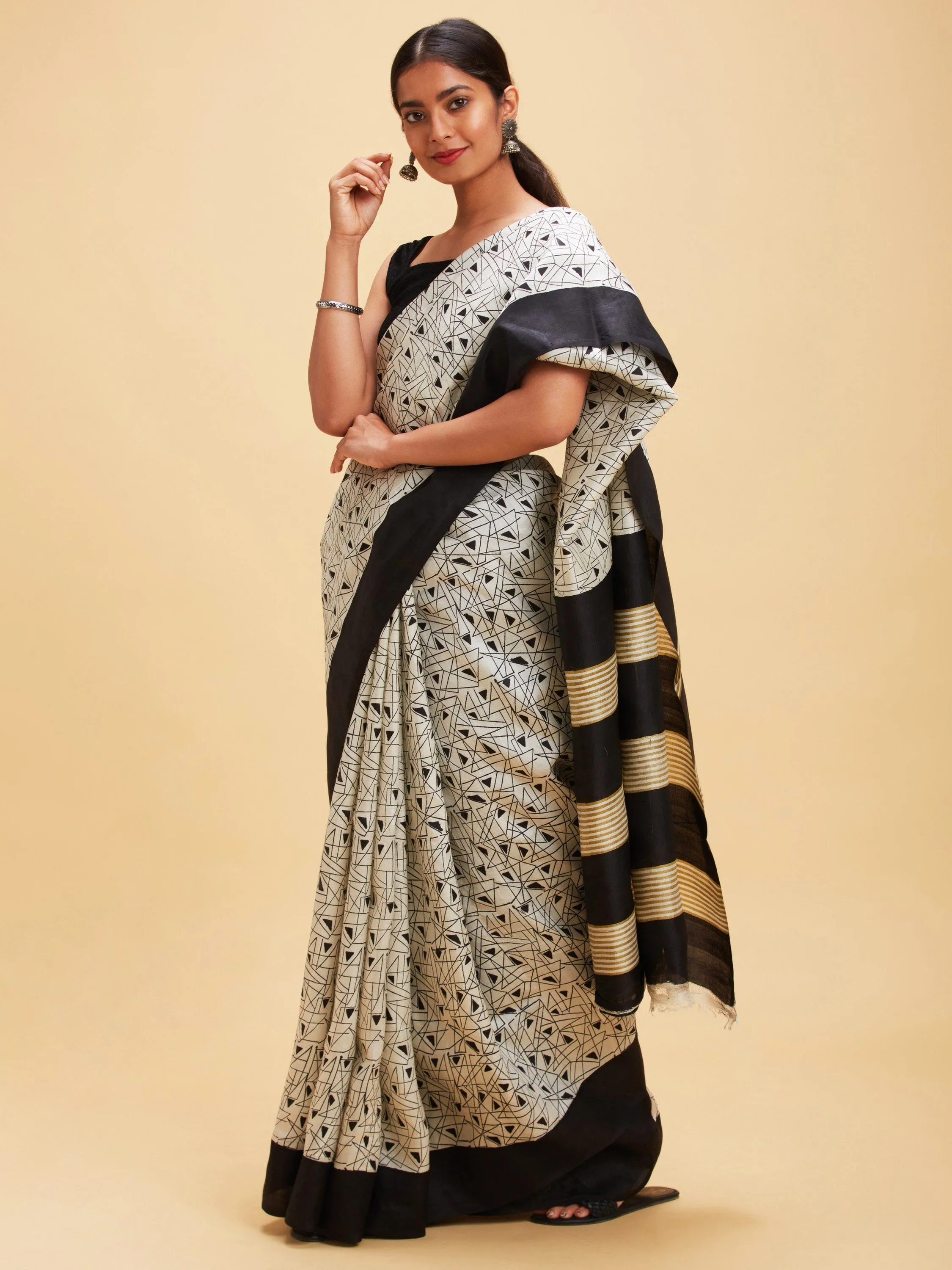 Classic black and white Tussar silk