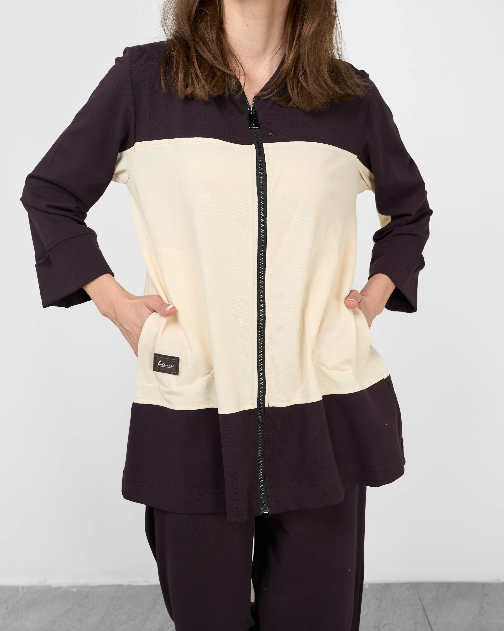 Contrast design with front zipper and full cuff sleeves, elastic waist straight pants Activewear 3974 - ملابس رياضية