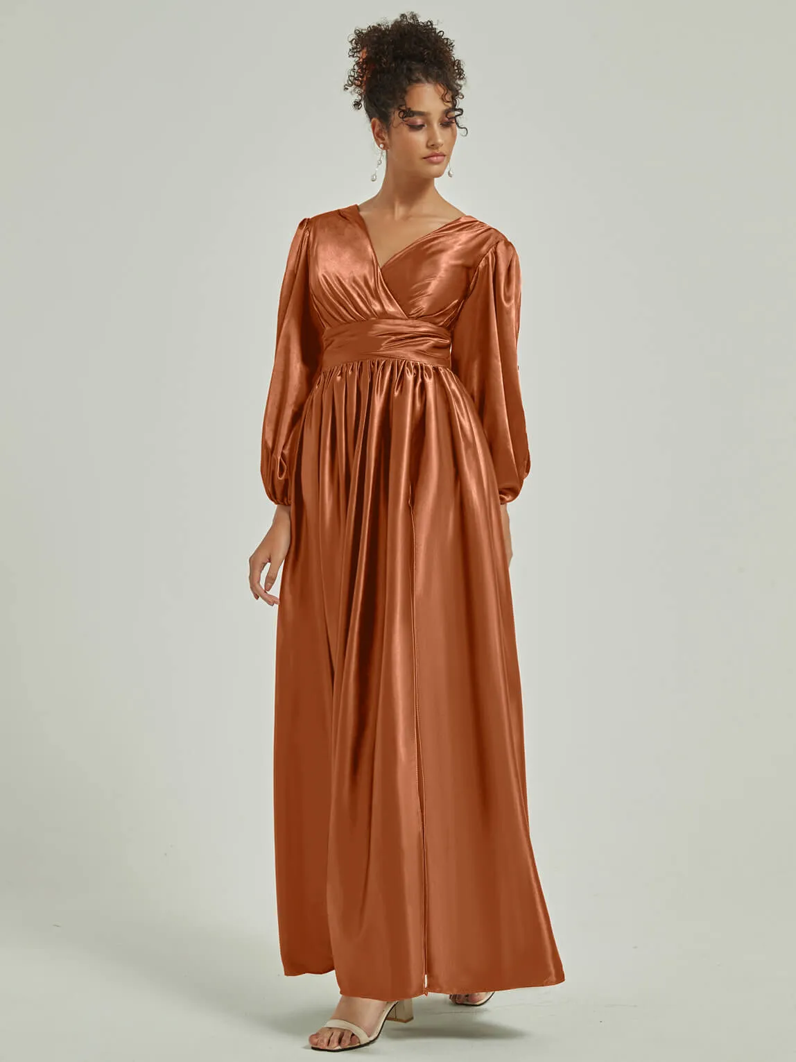 Cooper Satin 3/4 Long Slit Sleeve V-Neck Slit Pleated Bridesmaid Dress