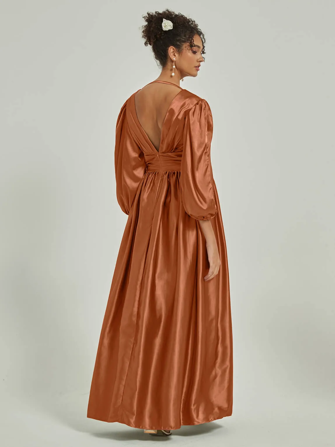 Cooper Satin 3/4 Long Slit Sleeve V-Neck Slit Pleated Bridesmaid Dress